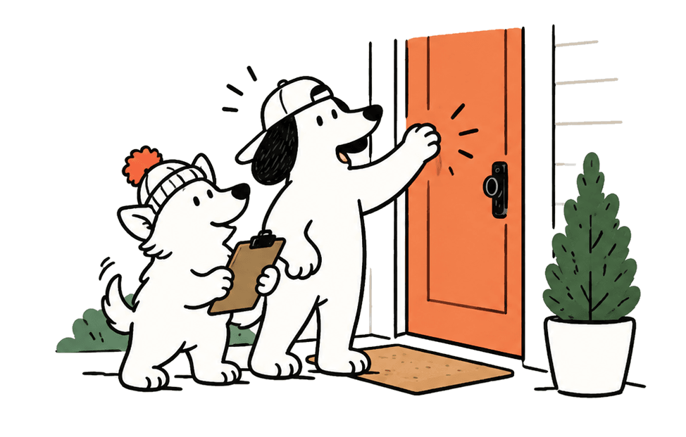 Two dogs at an orange front door, one knocking, one holding a clipboard
