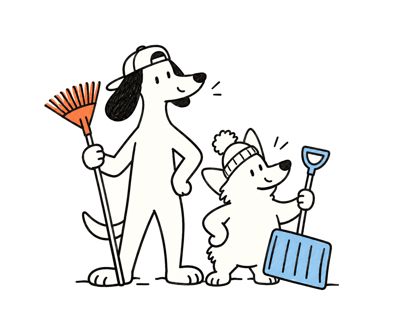 A tall dog with a rake and a small dog with a snow shovel