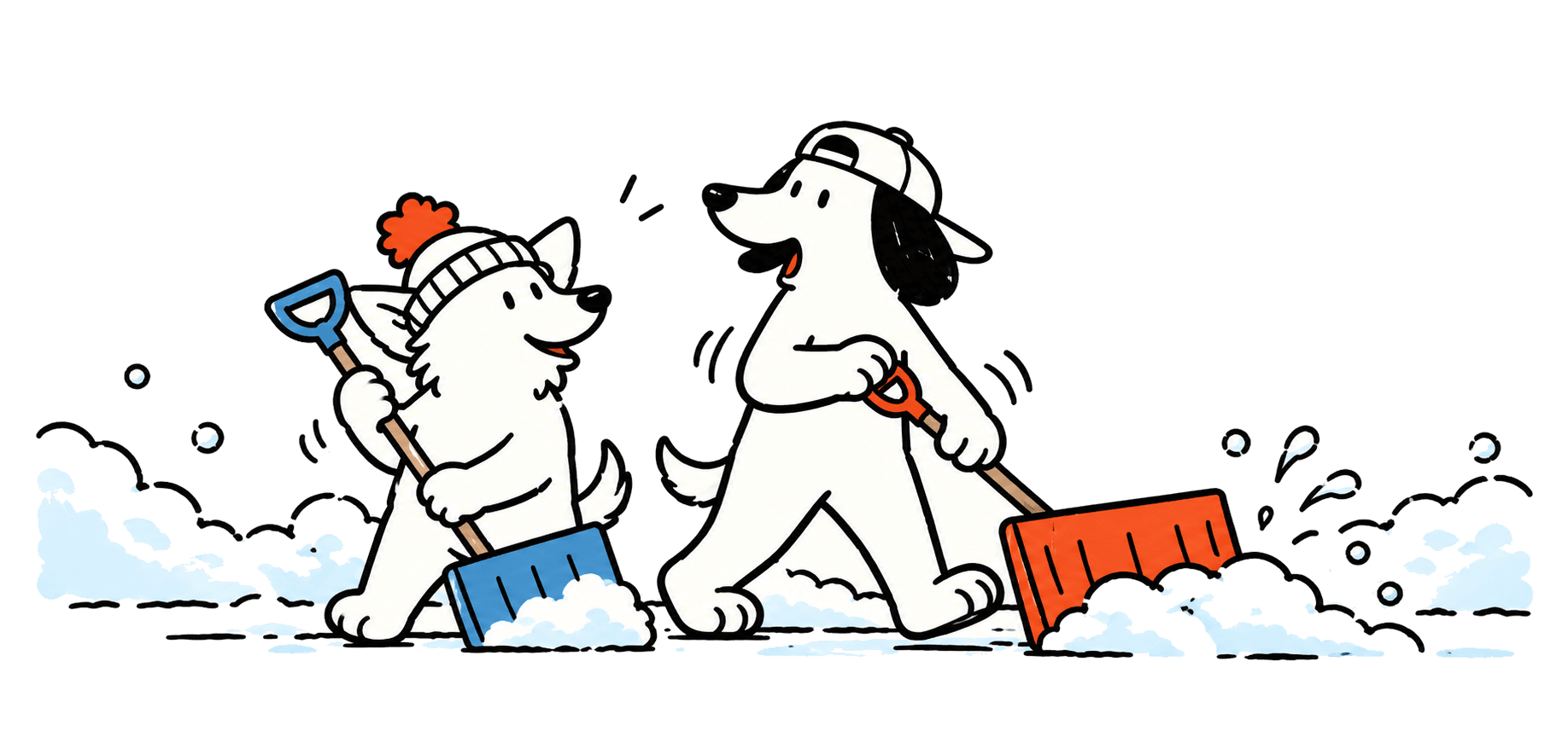 Two dogs pushing snow shovels through a fresh snowfall